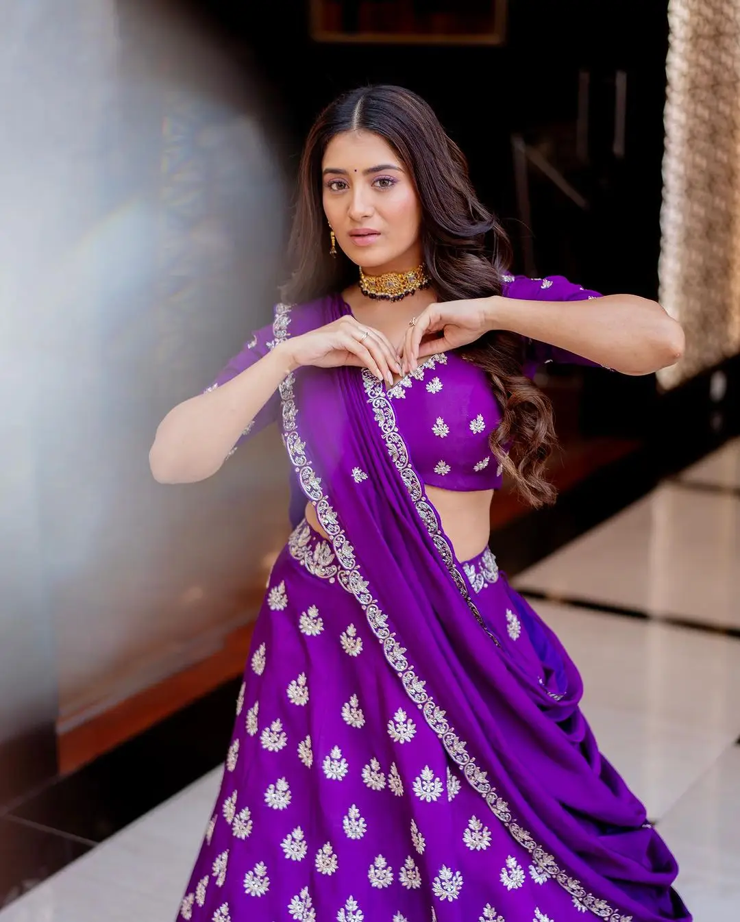 Telugu Actress Rashi Singh Stills in Violet Lehenga Choli